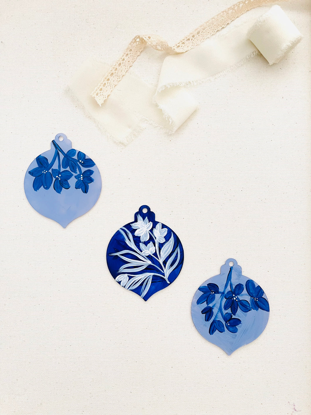 onion ornaments | blue + white florals set of 3